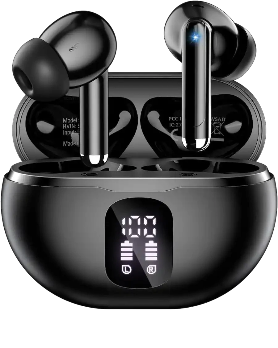 Wireless earbuds resting in an open charging case